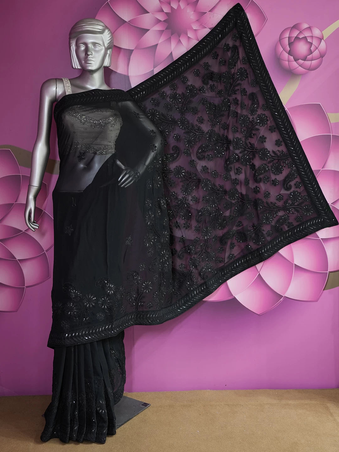 Ada Hand Embroidered Black Georgette Lucknowi Chikankari Saree With Blouse And Sequins Work 01A405982