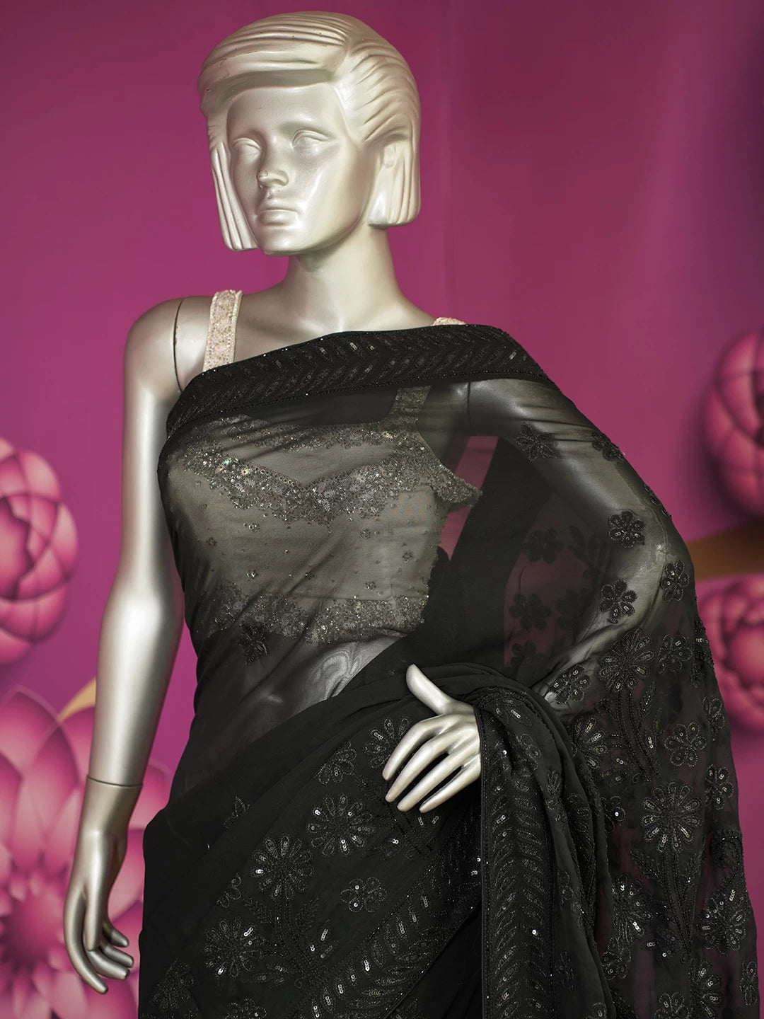 Ada Hand Embroidered Black Georgette Lucknowi Chikankari Saree With Blouse And Sequins Work 01A405982