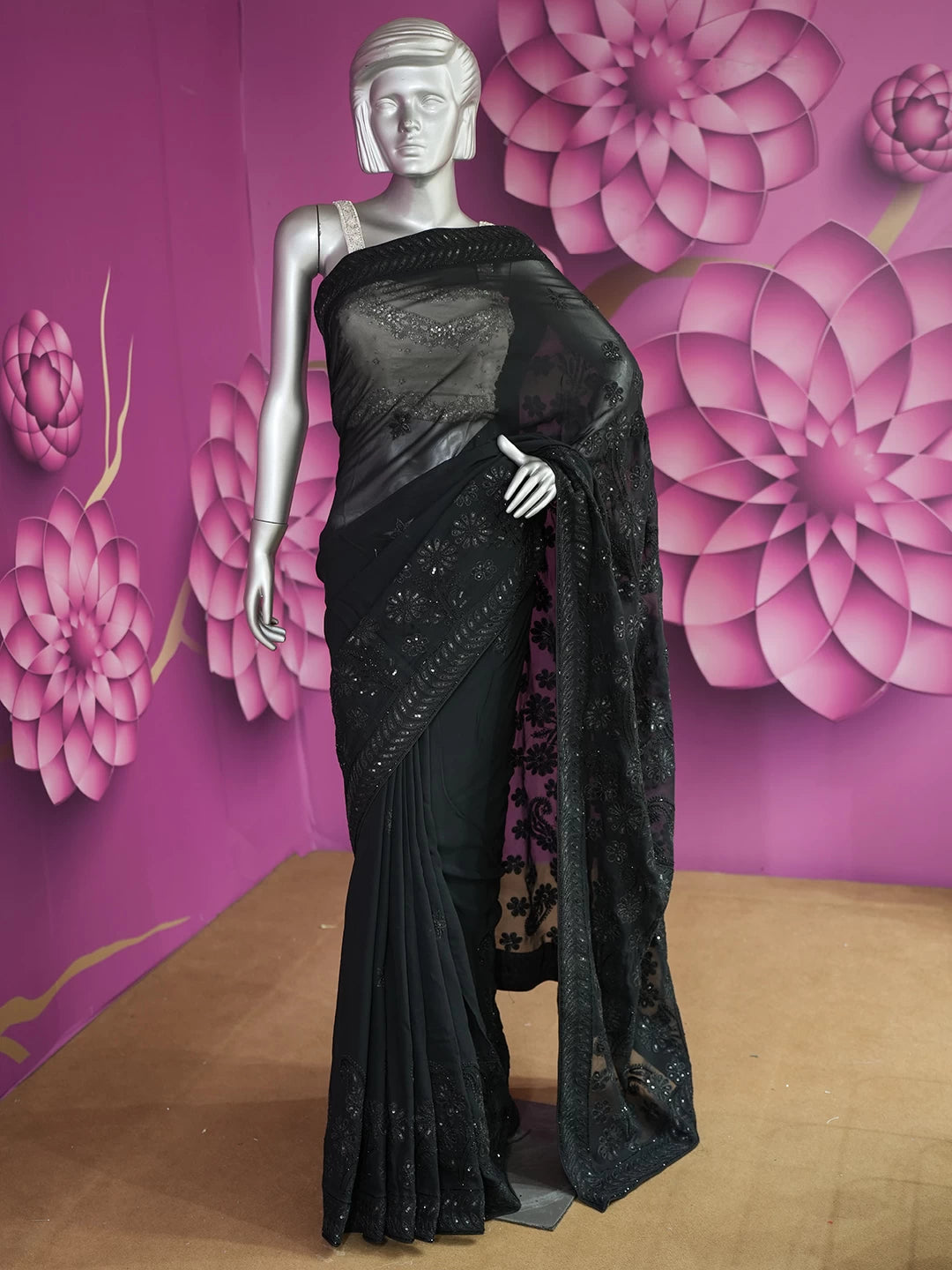 Ada Hand Embroidered Black Georgette Lucknowi Chikankari Saree With Blouse And Sequins Work 01A405982
