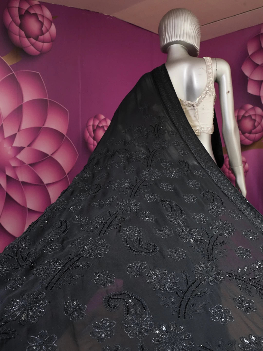 Ada Hand Embroidered Black Georgette Lucknowi Chikankari Saree With Blouse And Sequins Work 01A405982