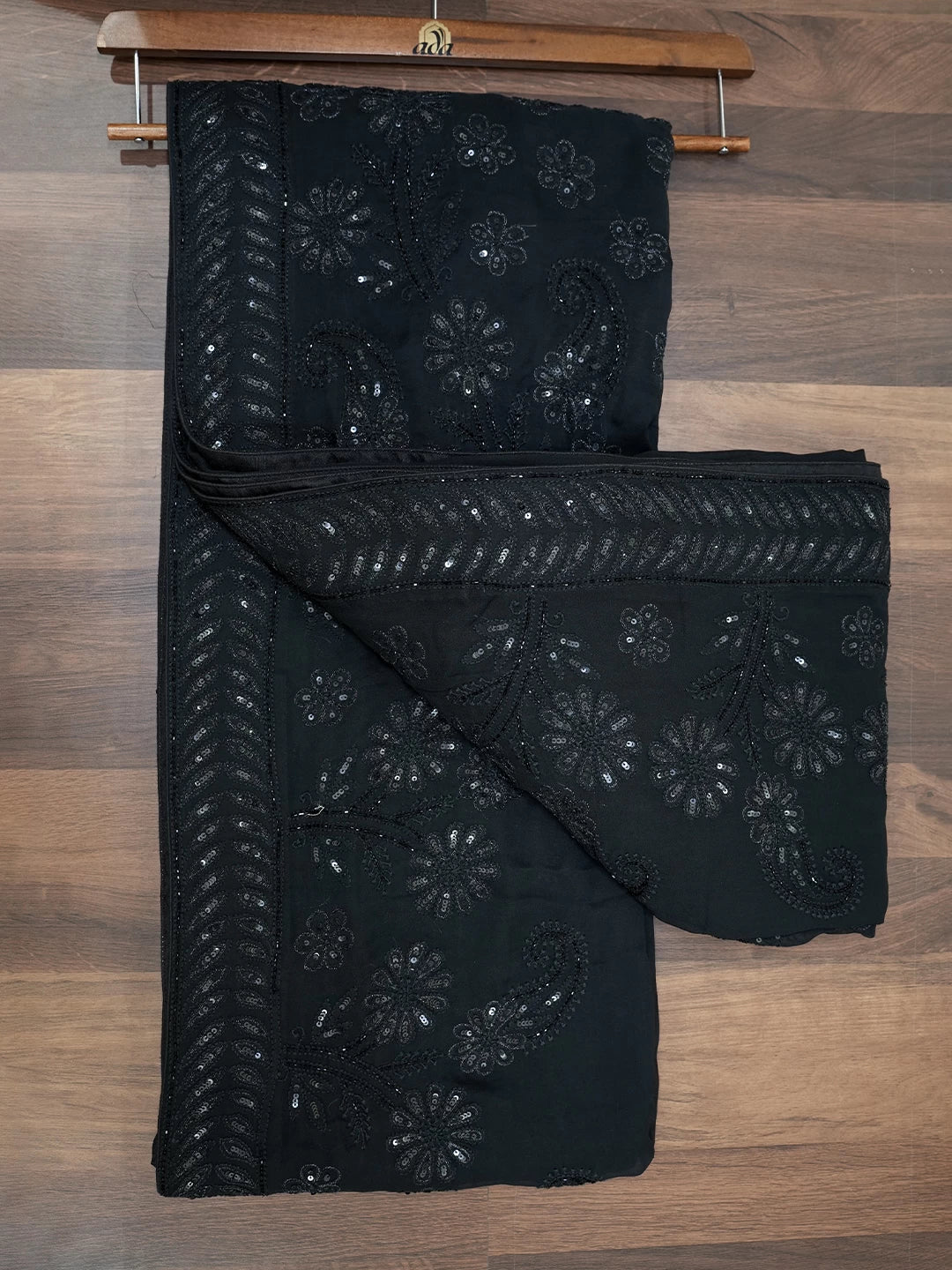 Ada Hand Embroidered Black Georgette Lucknowi Chikankari Saree With Blouse And Sequins Work 01A405982
