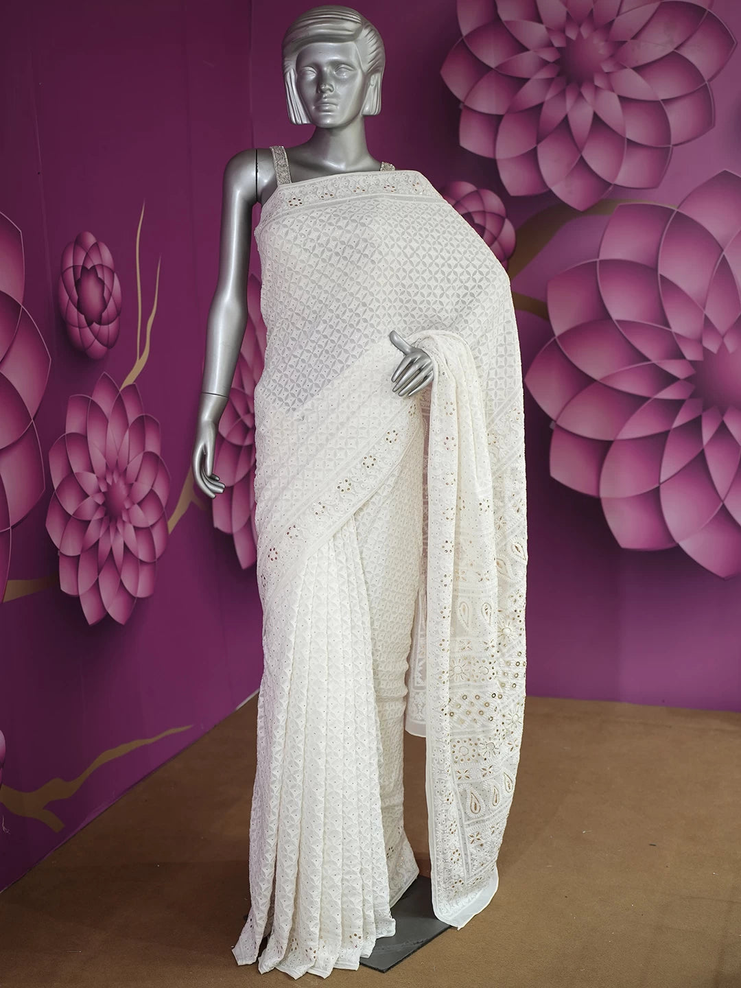 Ada Hand Embroidered Ivory White Pure Georgette Lucknowi Chikankari Saree With Blouse And Muqaish Work 01A368458