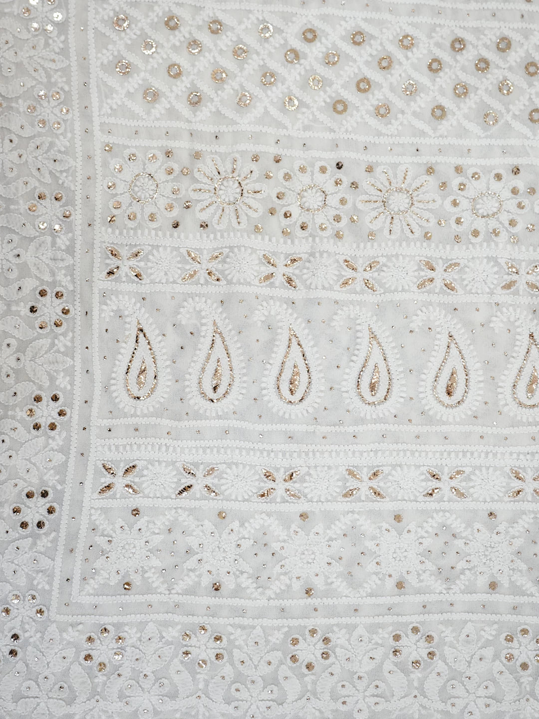 Ada Hand Embroidered Ivory White Pure Georgette Lucknowi Chikankari Saree With Blouse And Muqaish Work 01A368458