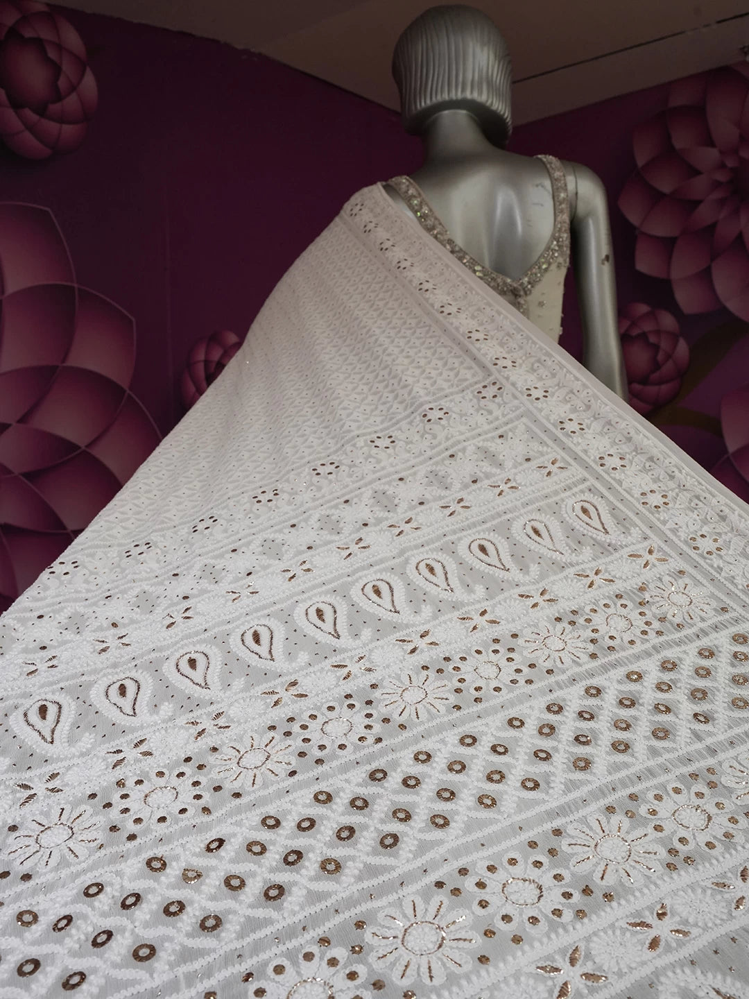 Ada Hand Embroidered Ivory White Pure Georgette Lucknowi Chikankari Saree With Blouse And Muqaish Work 01A368458