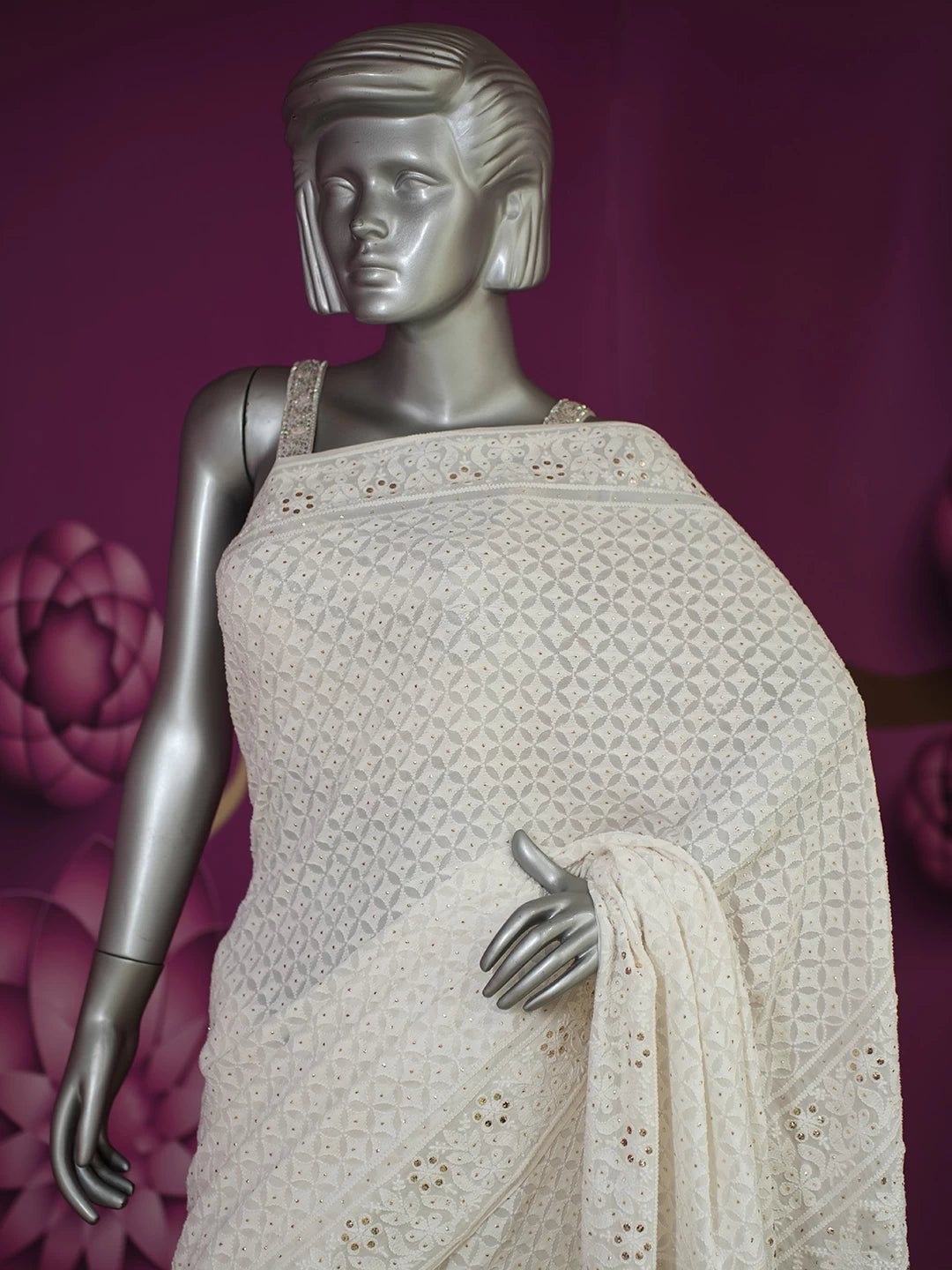 Ada Hand Embroidered Ivory White Pure Georgette Lucknowi Chikankari Saree With Blouse And Muqaish Work 01A368458