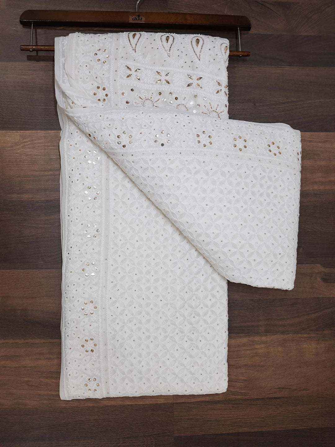 Ada Hand Embroidered Ivory White Pure Georgette Lucknowi Chikankari Saree With Blouse And Muqaish Work 01A368458