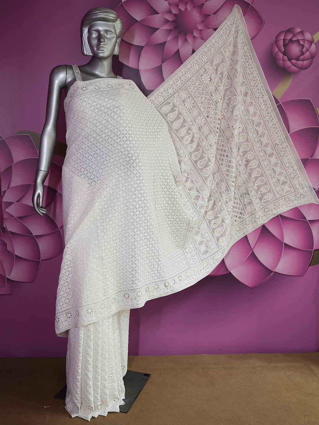 Ada Hand Embroidered Ivory White Pure Georgette Lucknowi Chikankari Saree With Blouse And Muqaish Work 01A368458
