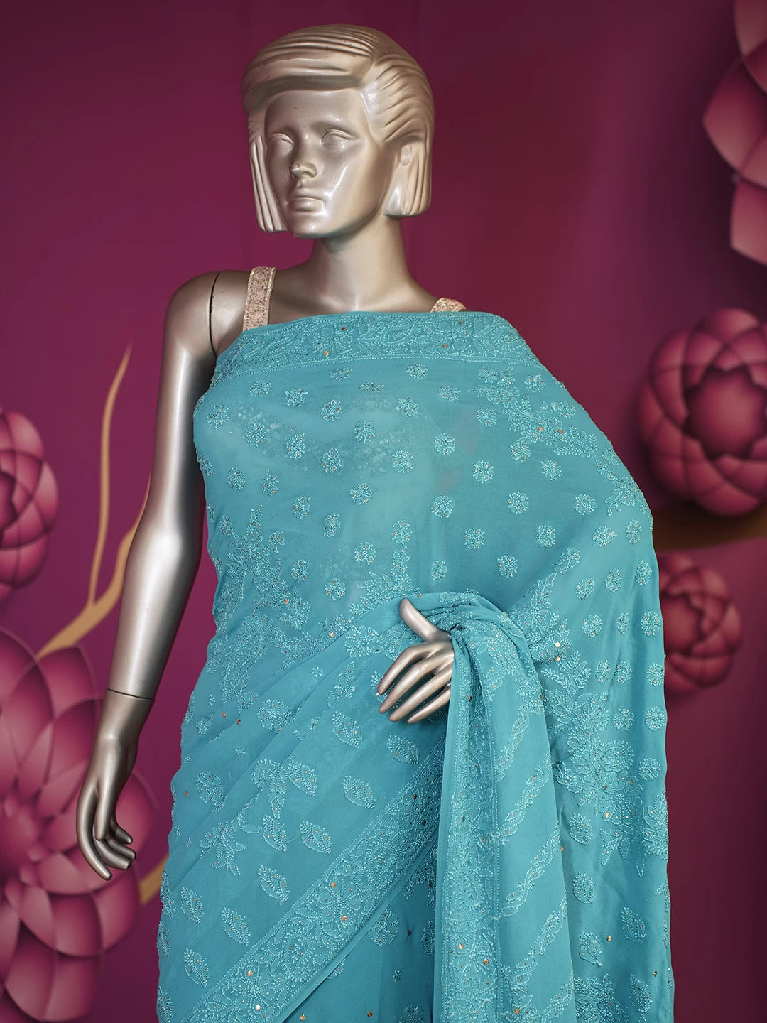 Ada Hand Embroidered Cerulean Blue Pure Georgette Lucknowi Chikankari Saree With Blouse And Mukaish Work 01A246629