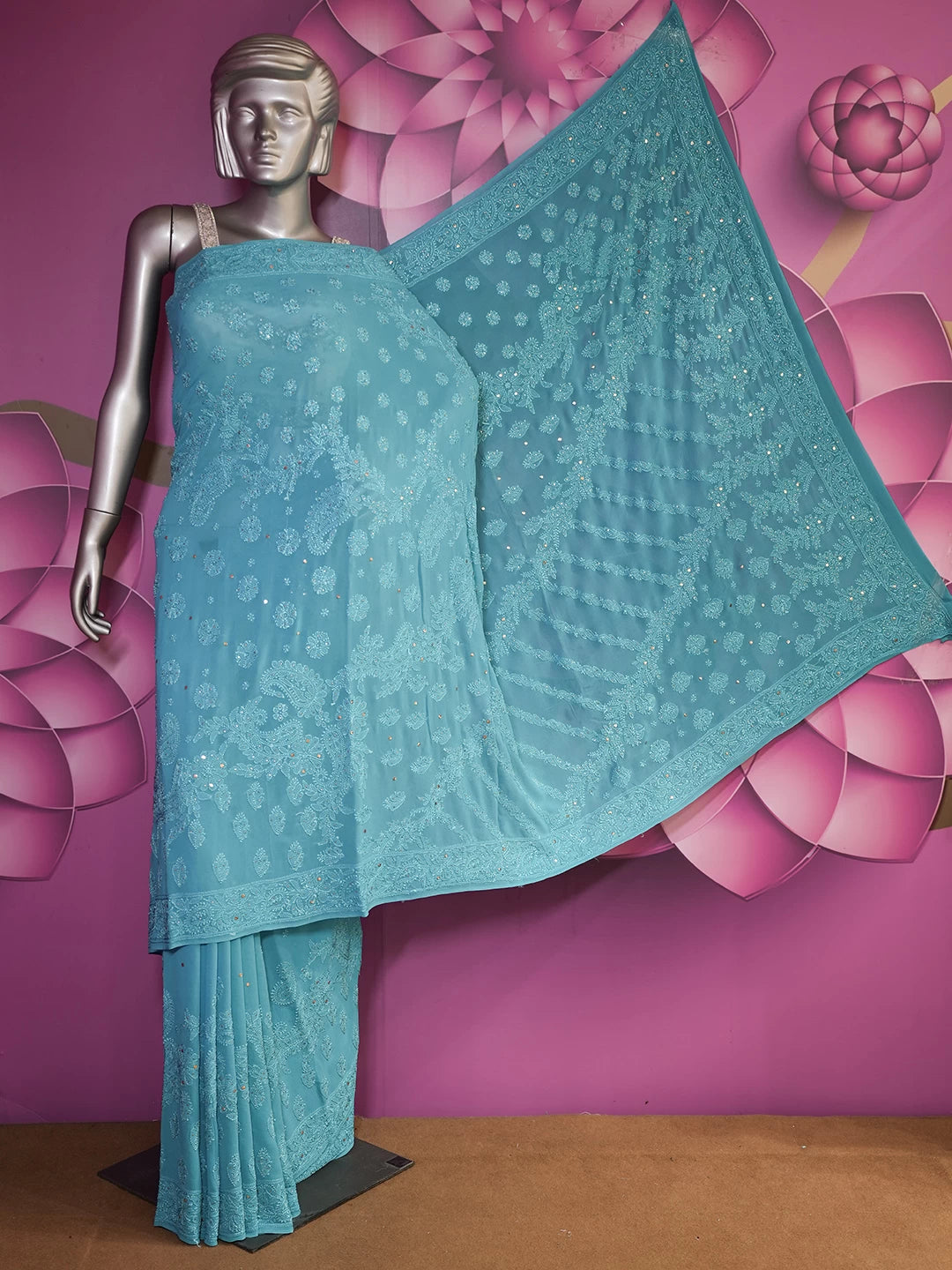 Ada Hand Embroidered Cerulean Blue Pure Georgette Lucknowi Chikankari Saree With Blouse And Mukaish Work 01A246629