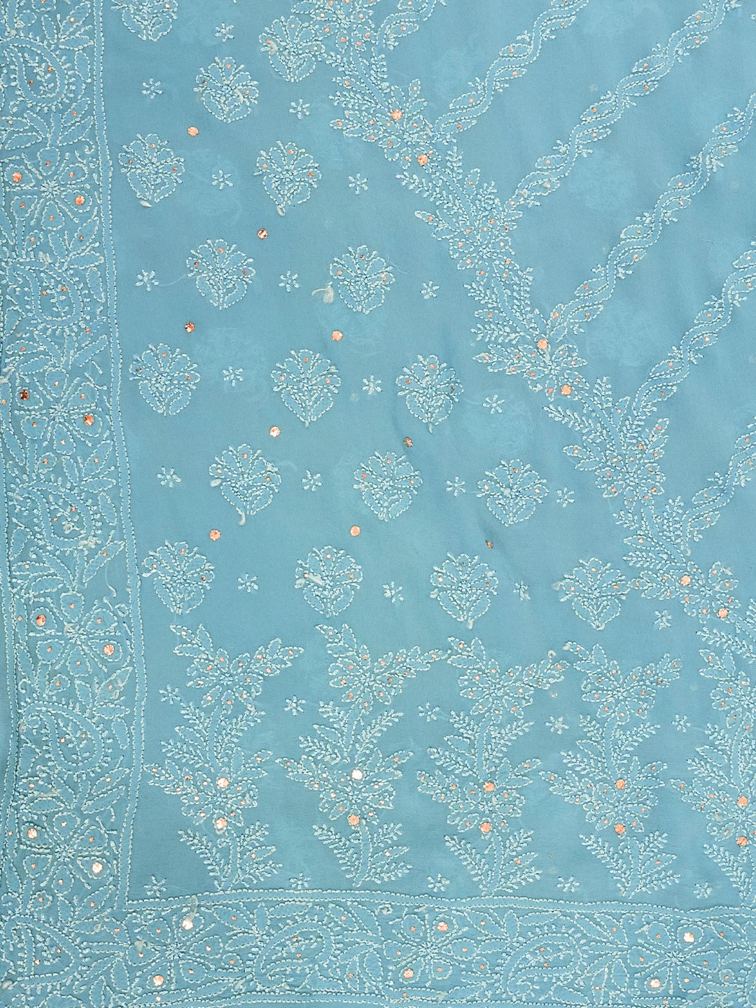 Ada Hand Embroidered Cerulean Blue Pure Georgette Lucknowi Chikankari Saree With Blouse And Mukaish Work 01A246629