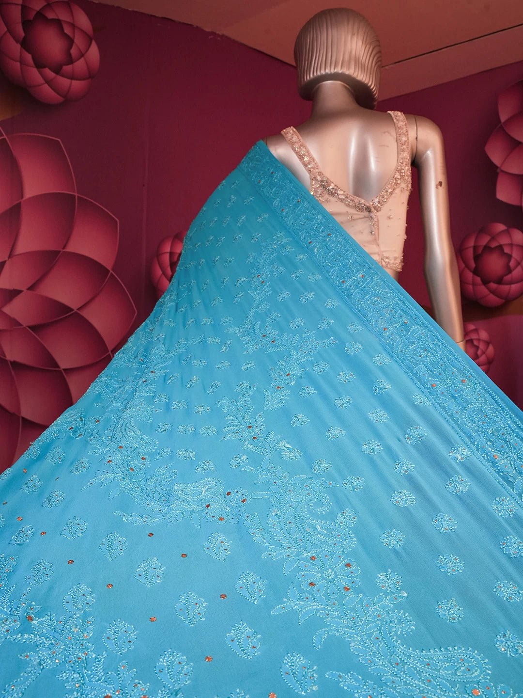 Ada Hand Embroidered Cerulean Blue Pure Georgette Lucknowi Chikankari Saree With Blouse And Mukaish Work 01A246629
