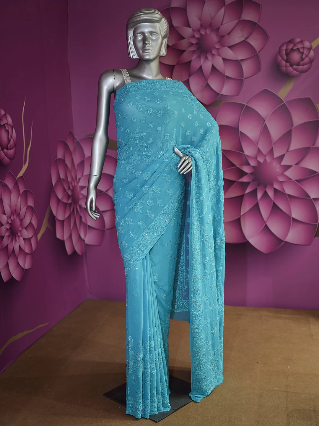 Ada Hand Embroidered Cerulean Blue Pure Georgette Lucknowi Chikankari Saree With Blouse And Mukaish Work 01A246629