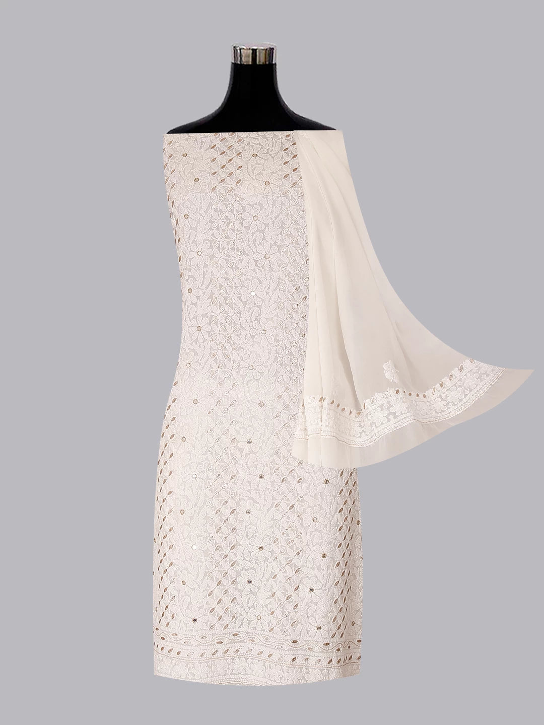 Ada Hand Embroidered Off White Georgette Lucknowi Chikankari Unstitched Suit Piece With Gotapatti Work 01A470632