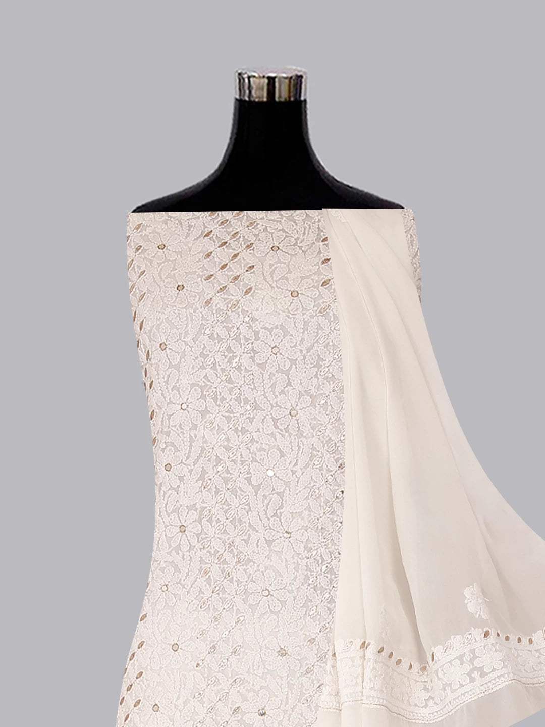 Ada Hand Embroidered Off White Georgette Lucknowi Chikankari Unstitched Suit Piece With Gotapatti Work 01A470632