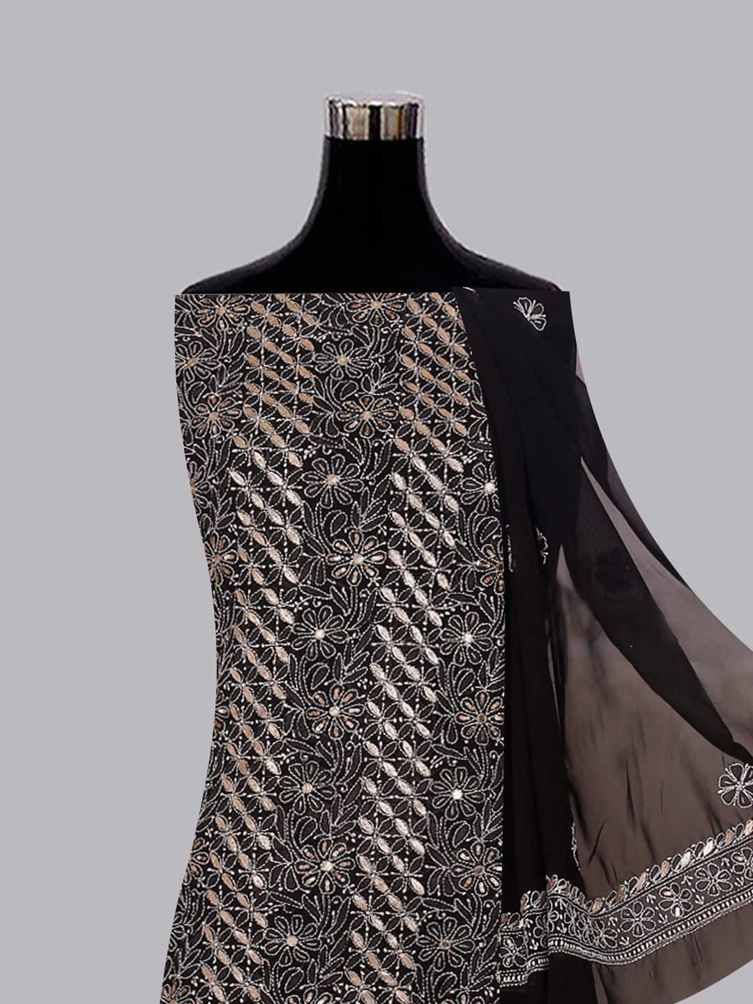 Ada Hand Embroidered Black Georgette Lucknowi Chikankari Unstitched Suit Piece With Gotapatti Work 01A398486