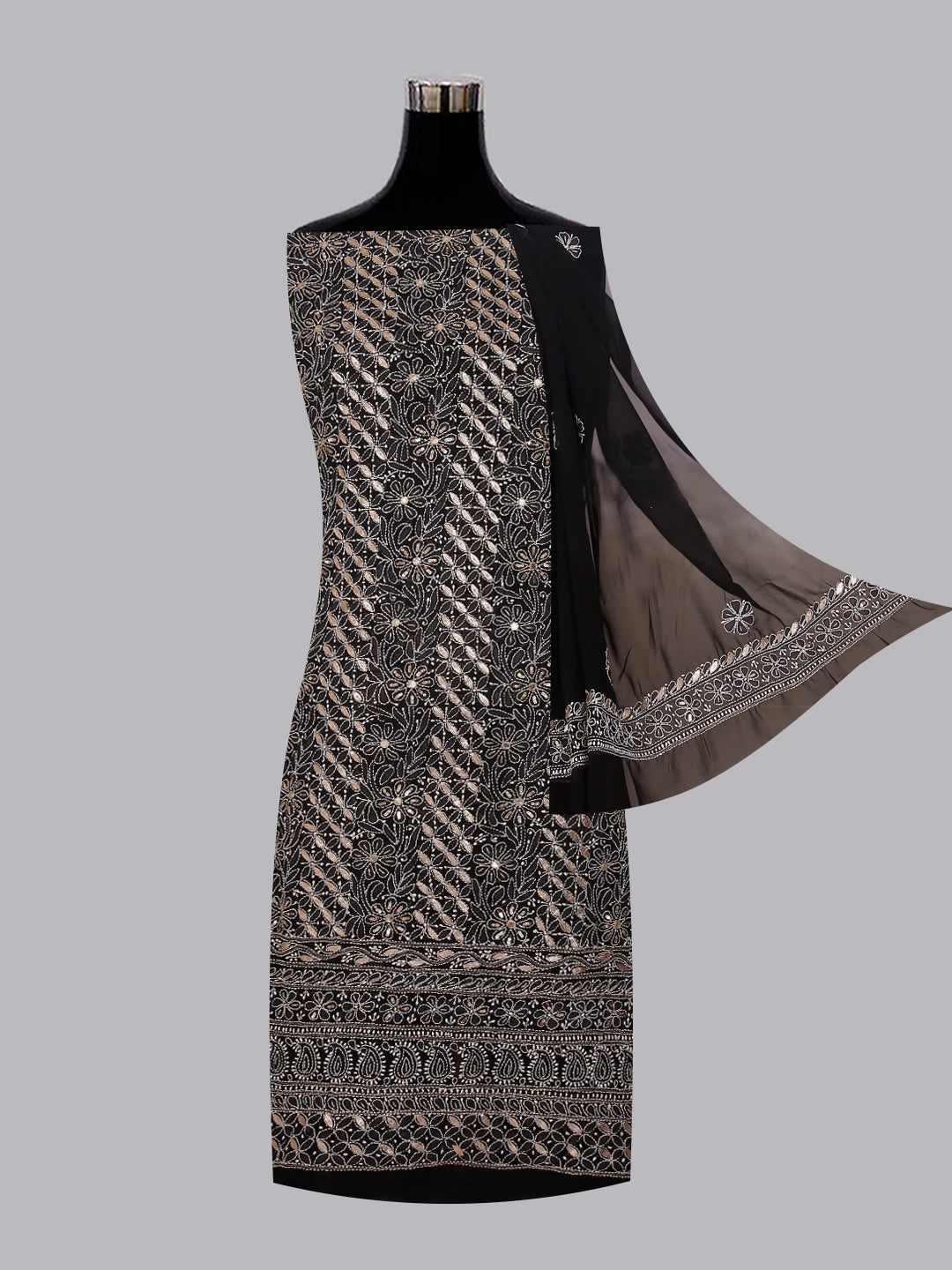 Ada Hand Embroidered Black Georgette Lucknowi Chikankari Unstitched Suit Piece With Gotapatti Work 01A398486