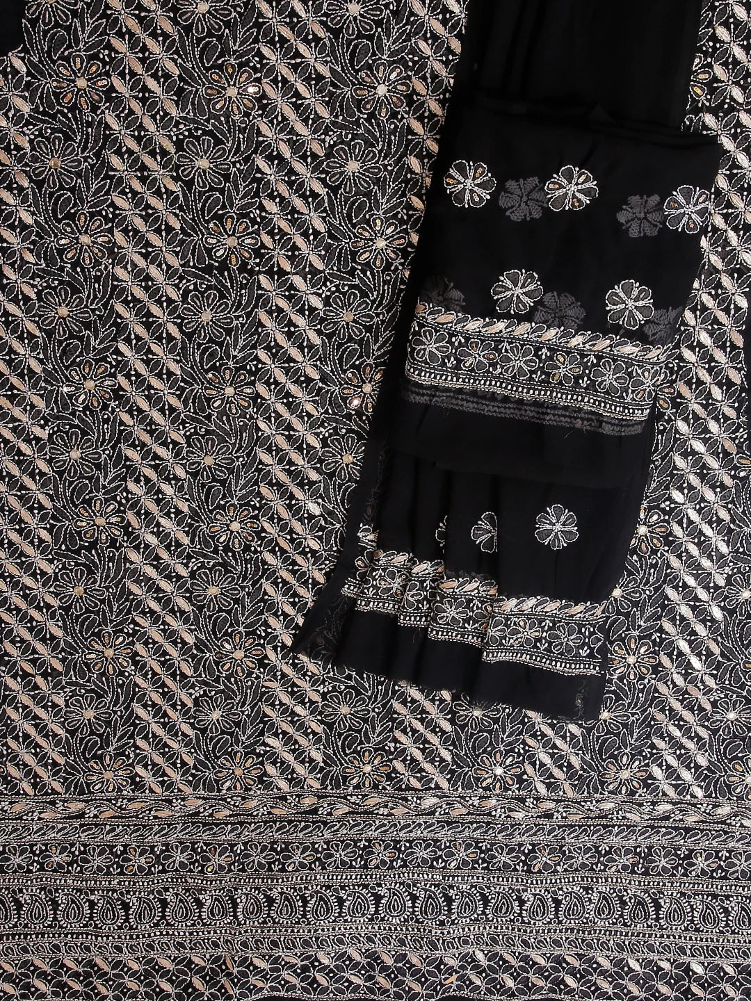 Ada Hand Embroidered Black Georgette Lucknowi Chikankari Unstitched Suit Piece With Gotapatti Work 01A398486