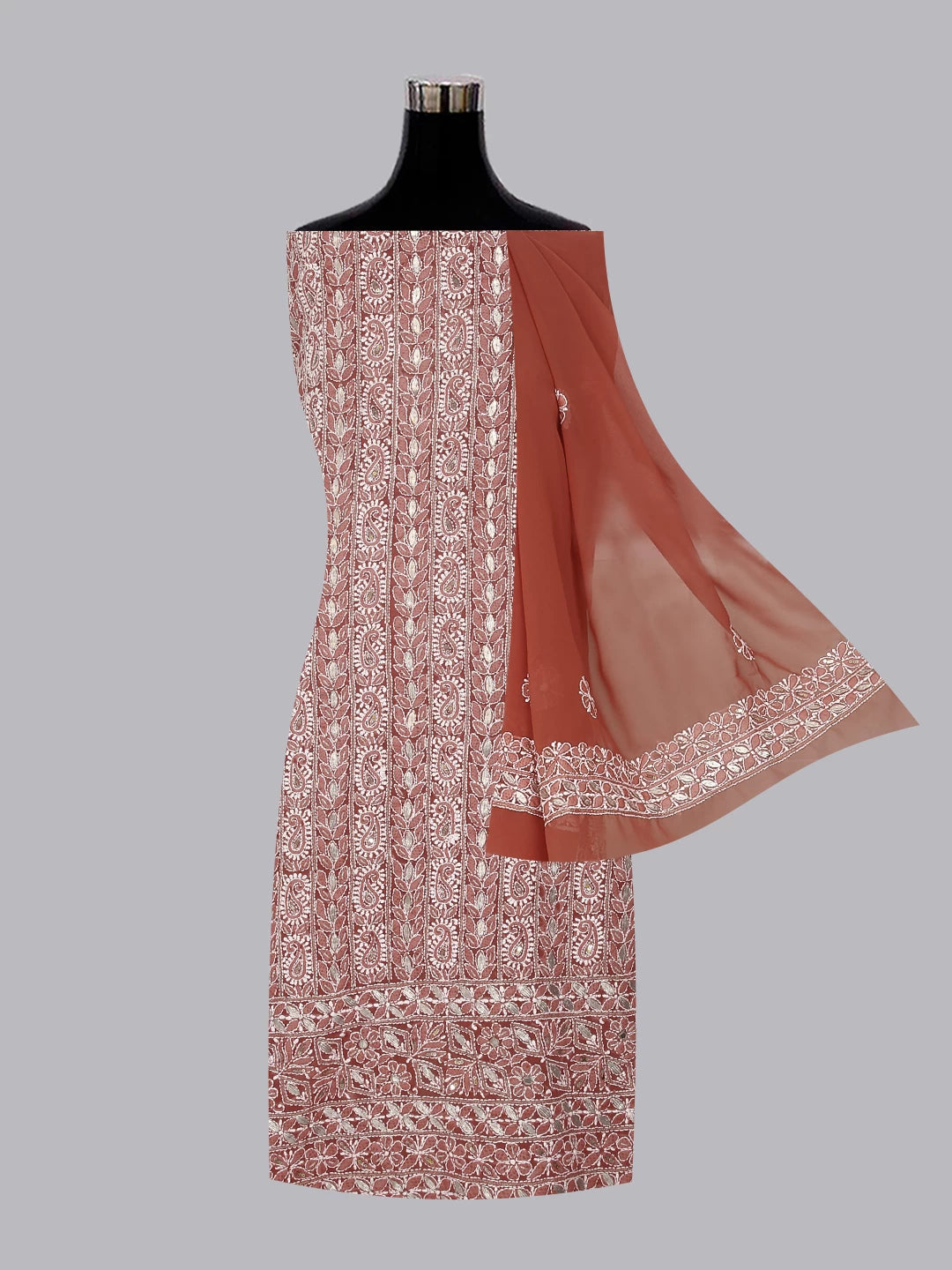 Ada Hand Embroidered Sienna Brown Georgette Lucknowi Chikankari Unstitched Suit Piece With Gotapatti Work 01A470605
