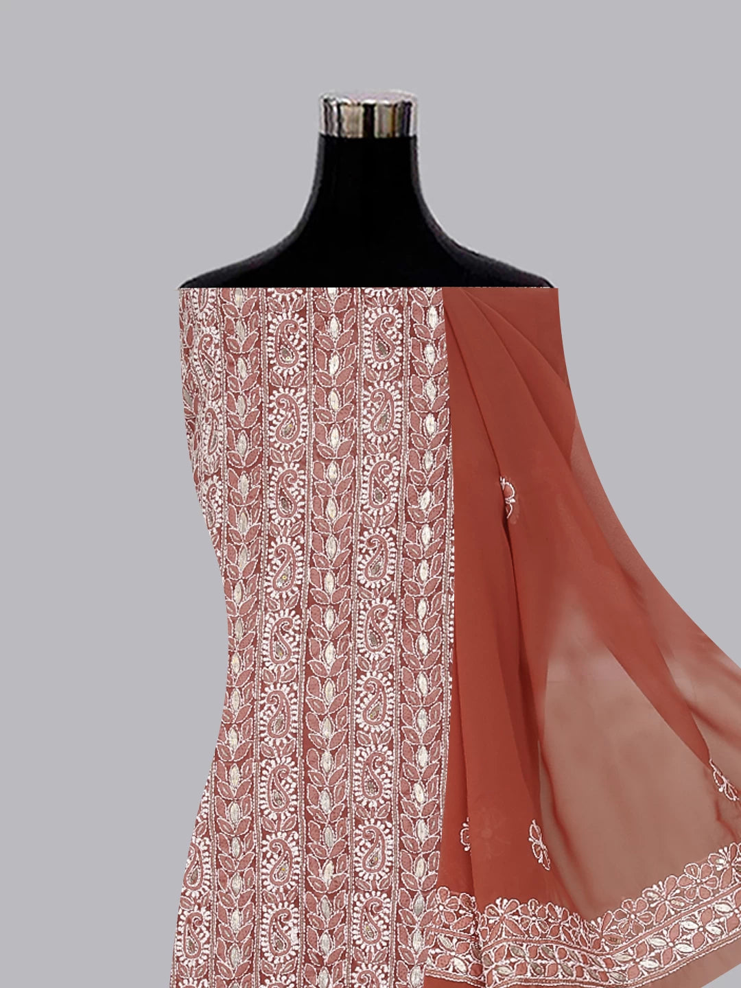 Ada Hand Embroidered Sienna Brown Georgette Lucknowi Chikankari Unstitched Suit Piece With Gotapatti Work 01A470605