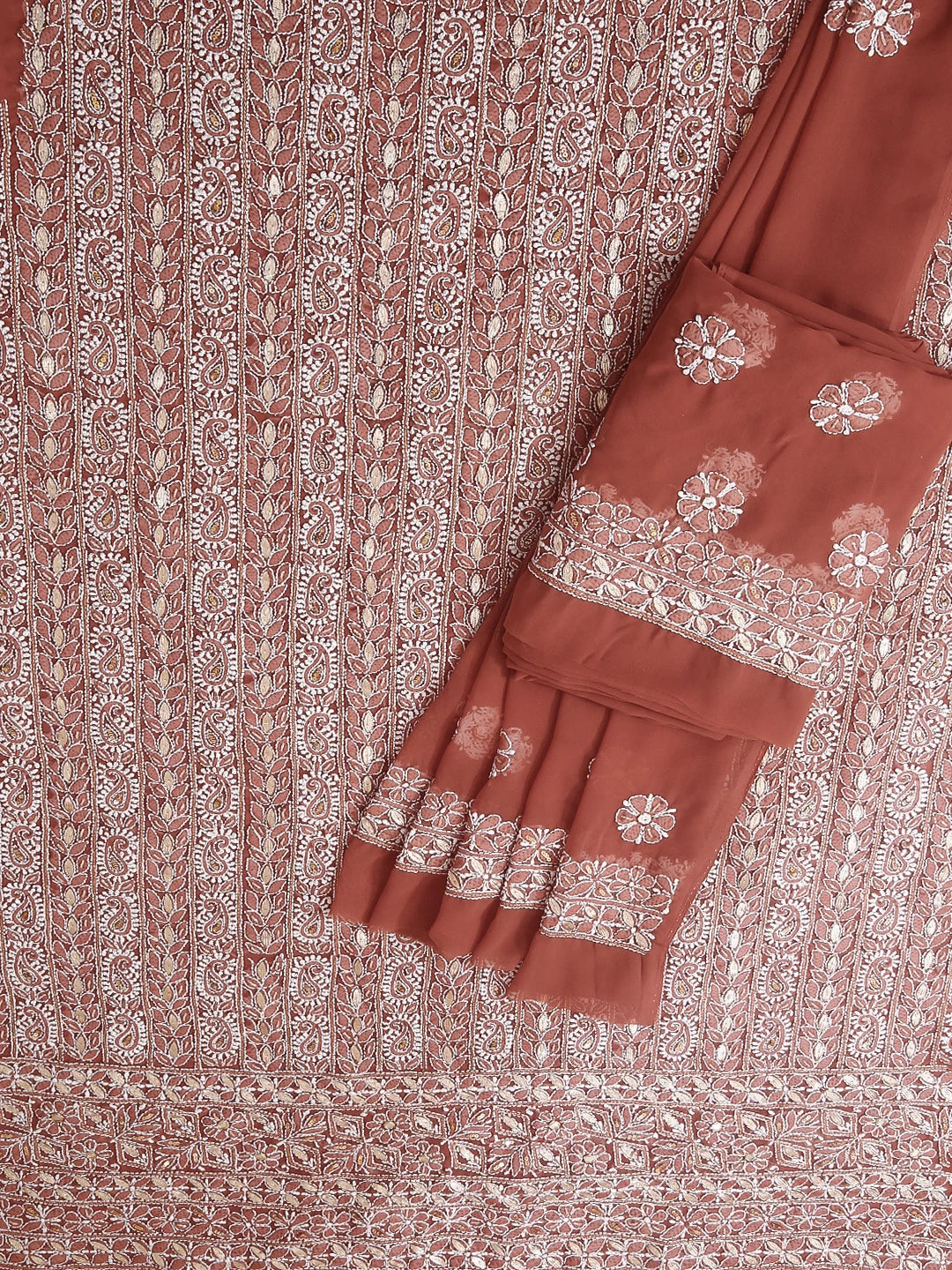 Ada Hand Embroidered Sienna Brown Georgette Lucknowi Chikankari Unstitched Suit Piece With Gotapatti Work 01A470605