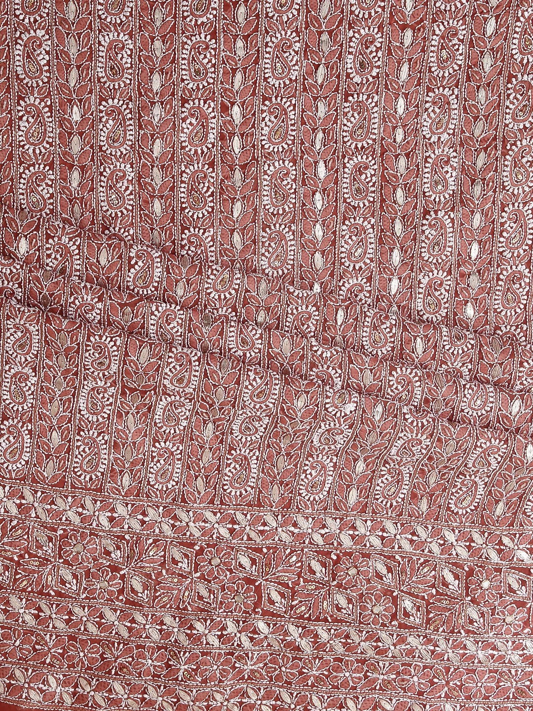 Ada Hand Embroidered Sienna Brown Georgette Lucknowi Chikankari Unstitched Suit Piece With Gotapatti Work 01A470605