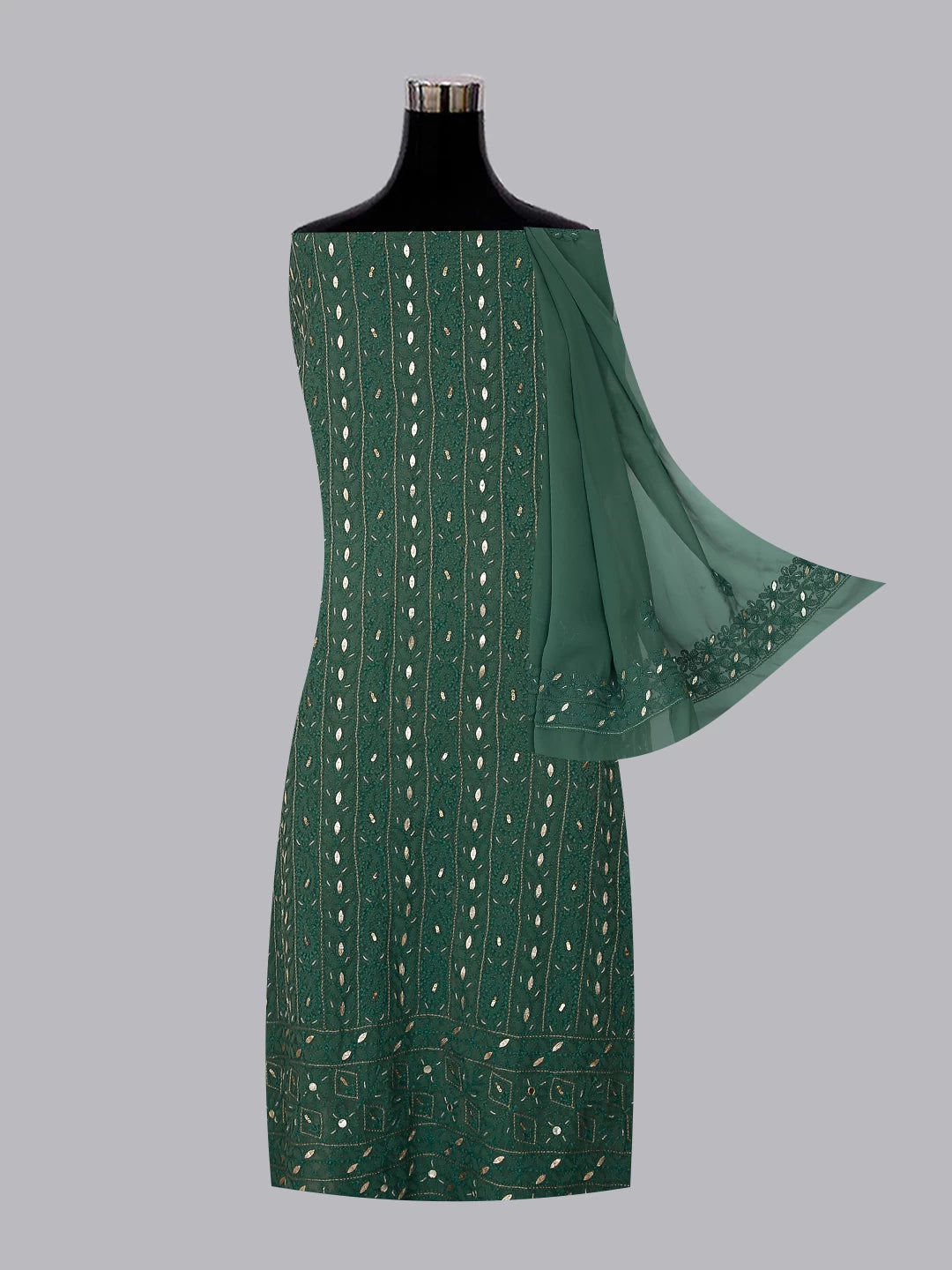 Ada Hand Embroidered Pine Green Georgette Lucknowi Chikankari Unstitched Suit Piece With Gotapatti 01A470609