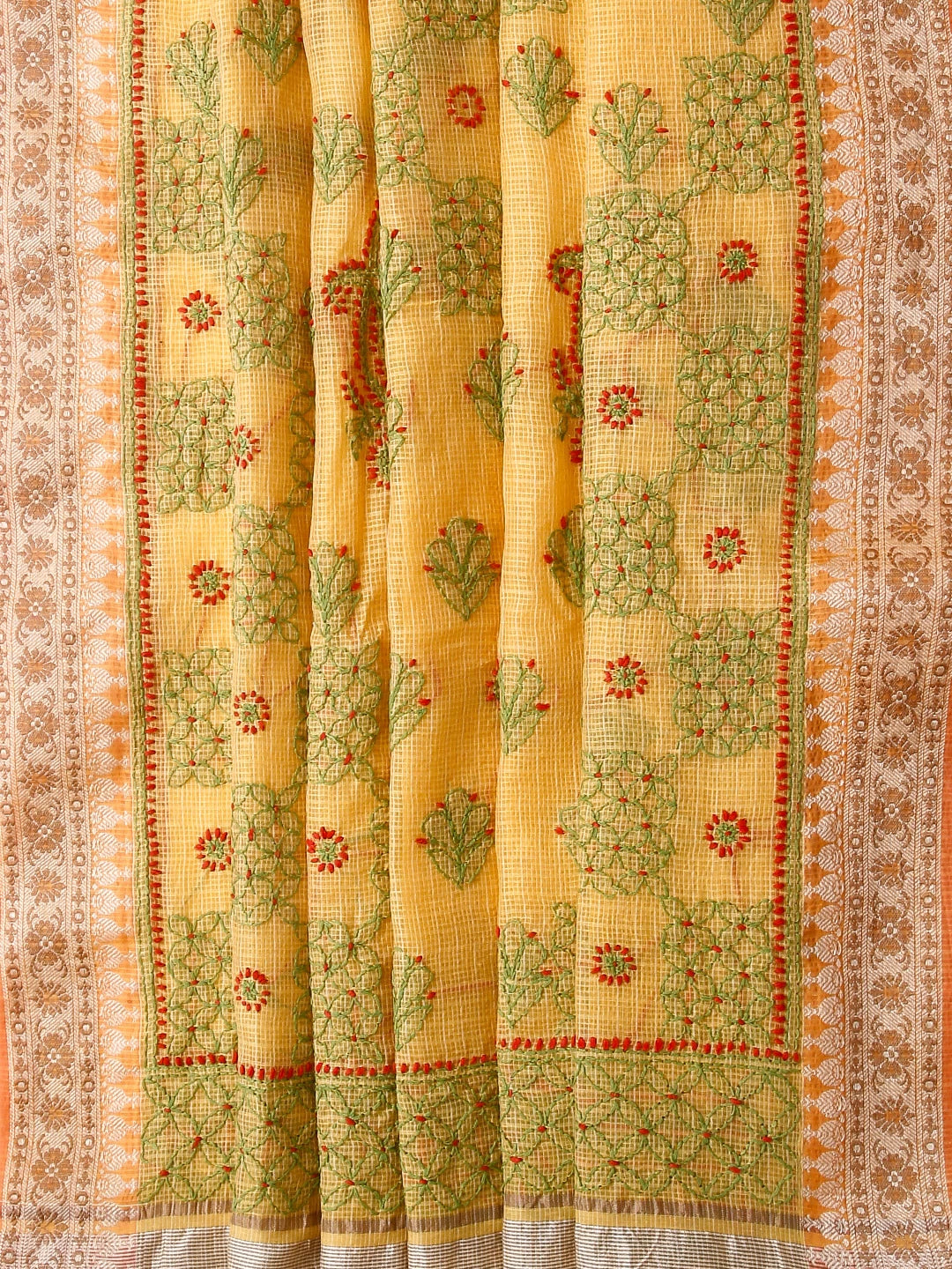 Ada Hand Embroidered Yellow Kota Chanderi Lucknowi Chikankari Saree With Blouse 01A468584