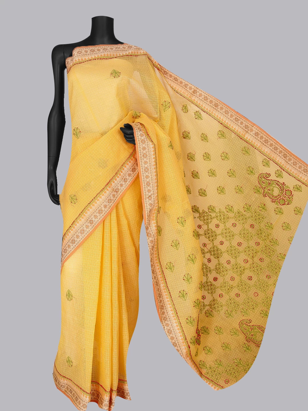 Ada Hand Embroidered Yellow Kota Chanderi Lucknowi Chikankari Saree With Blouse 01A468584