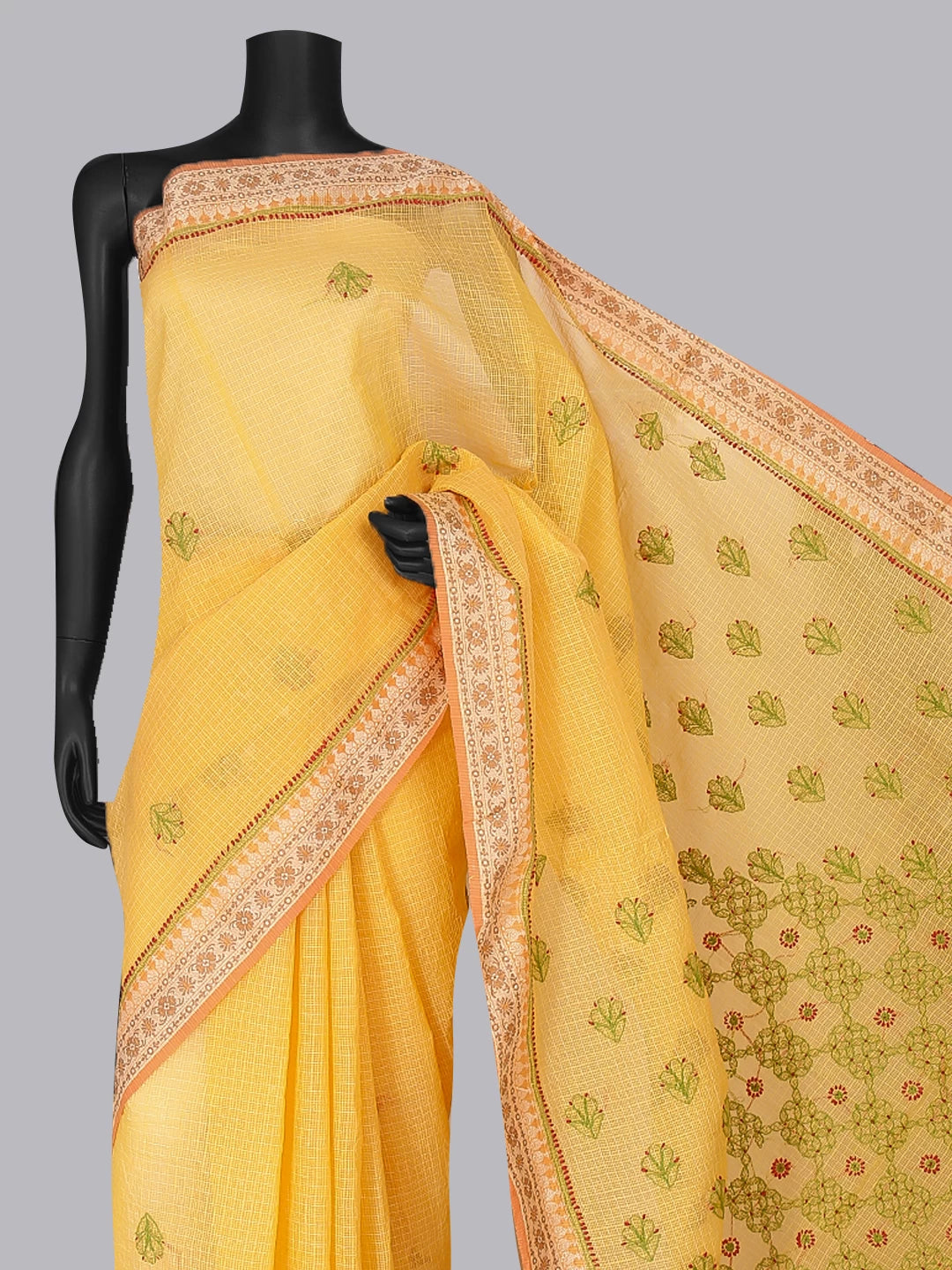 Ada Hand Embroidered Yellow Kota Chanderi Lucknowi Chikankari Saree With Blouse 01A468584