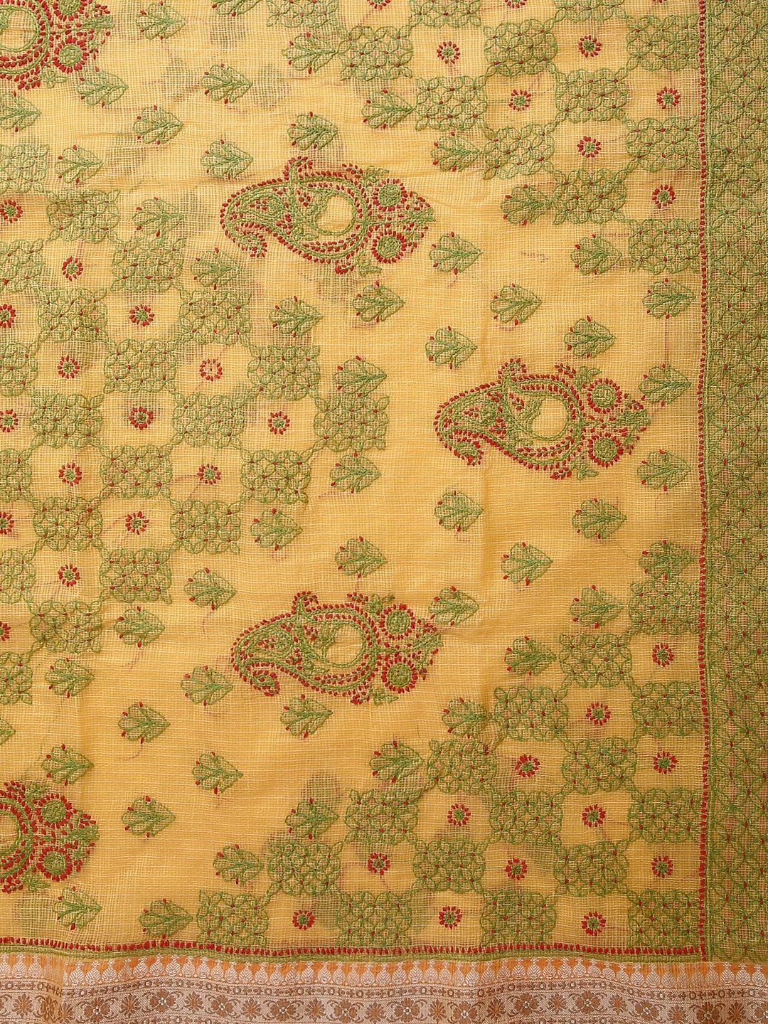 Ada Hand Embroidered Yellow Kota Chanderi Lucknowi Chikankari Saree With Blouse 01A468584