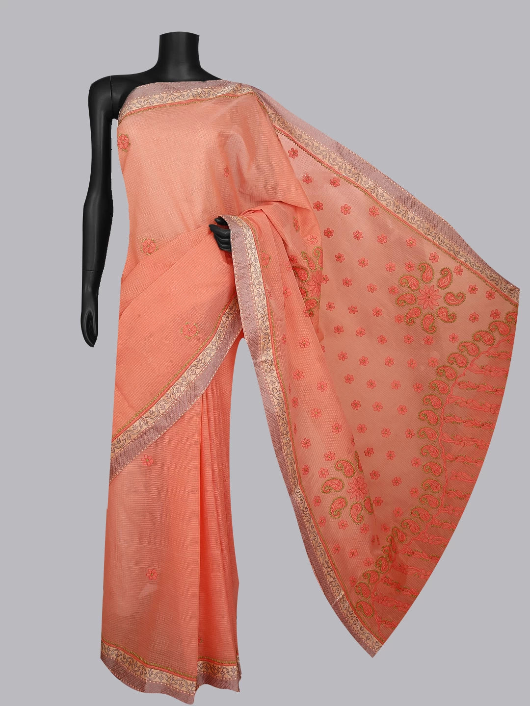 Ada Hand Embroidered Peach Kota Chanderi Lucknowi Chikankari Saree With Blouse 01A468499