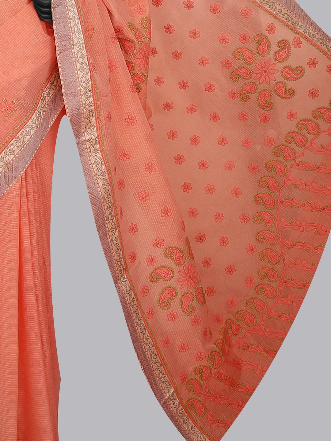 Ada Hand Embroidered Peach Kota Chanderi Lucknowi Chikankari Saree With Blouse 01A468499