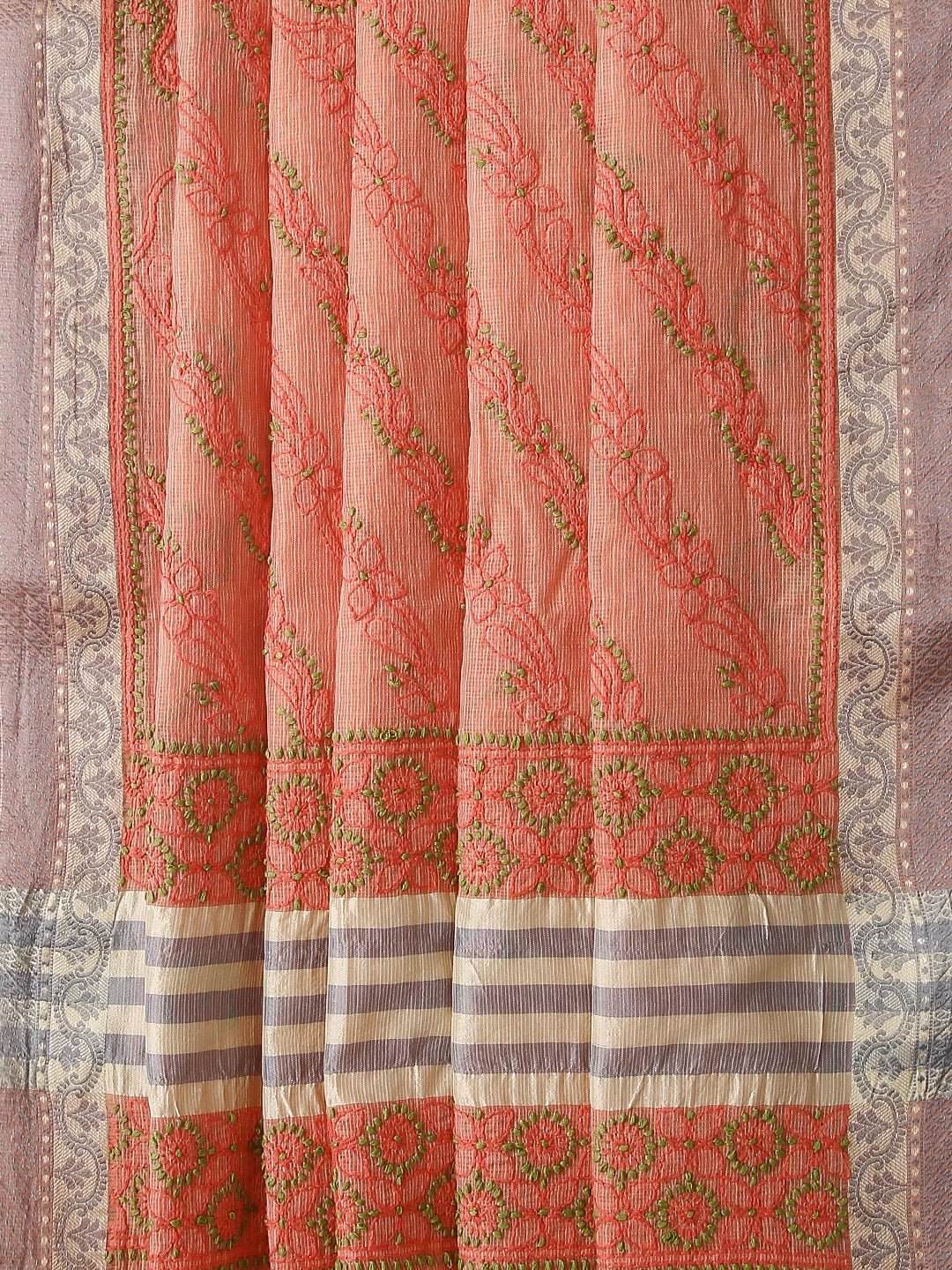 Ada Hand Embroidered Peach Kota Chanderi Lucknowi Chikankari Saree With Blouse 01A468499