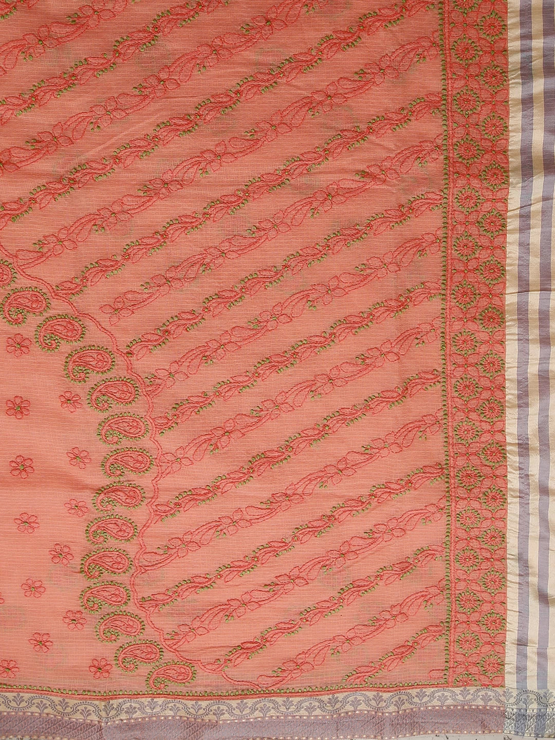 Ada Hand Embroidered Peach Kota Chanderi Lucknowi Chikankari Saree With Blouse 01A468499