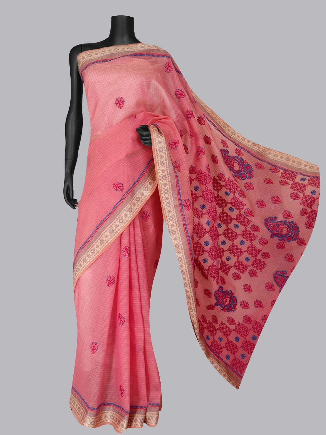 Ada Hand Embroidered Pink Kota Chanderi Lucknowi Chikankari Saree With Blouse 01A468506
