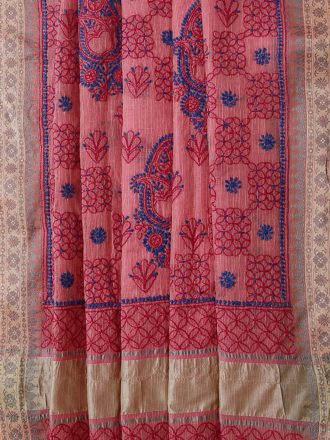 Ada Hand Embroidered Pink Kota Chanderi Lucknowi Chikankari Saree With Blouse 01A468506