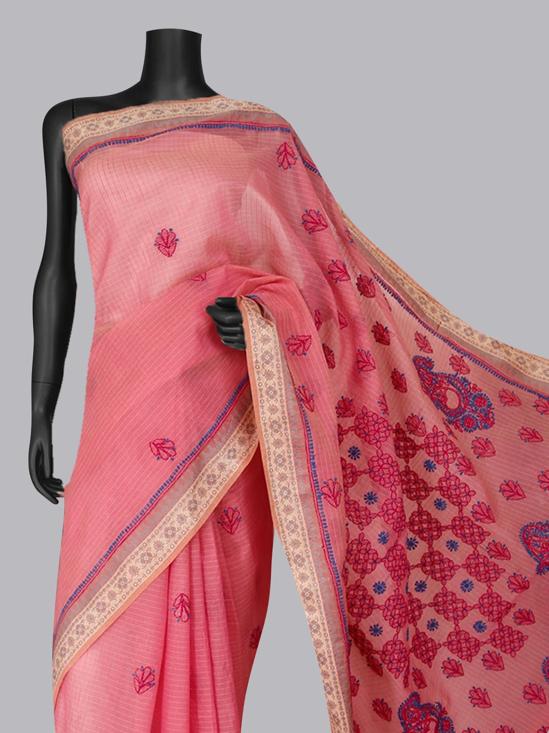 Ada Hand Embroidered Pink Kota Chanderi Lucknowi Chikankari Saree With Blouse 01A468506
