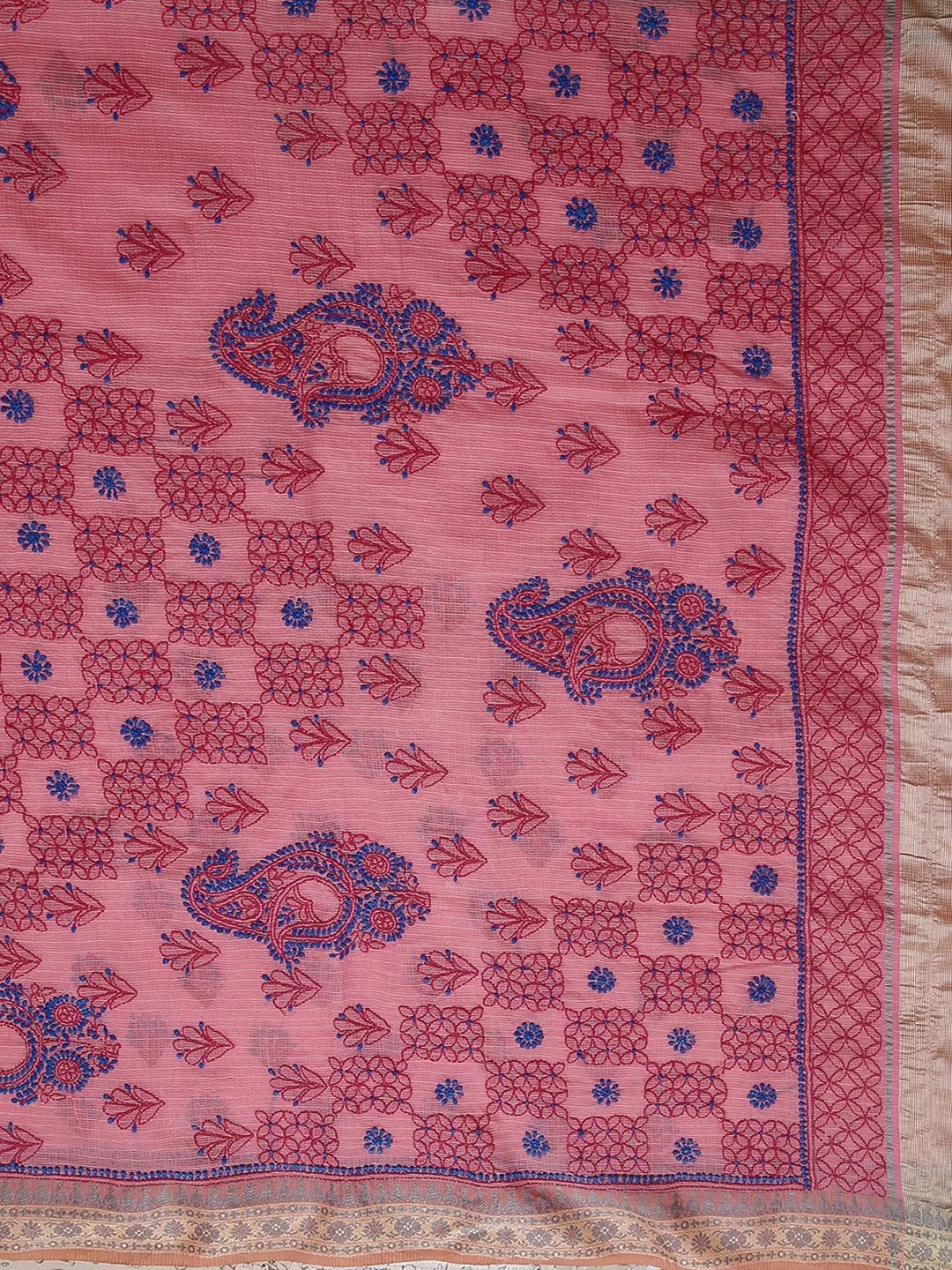Ada Hand Embroidered Pink Kota Chanderi Lucknowi Chikankari Saree With Blouse 01A468506