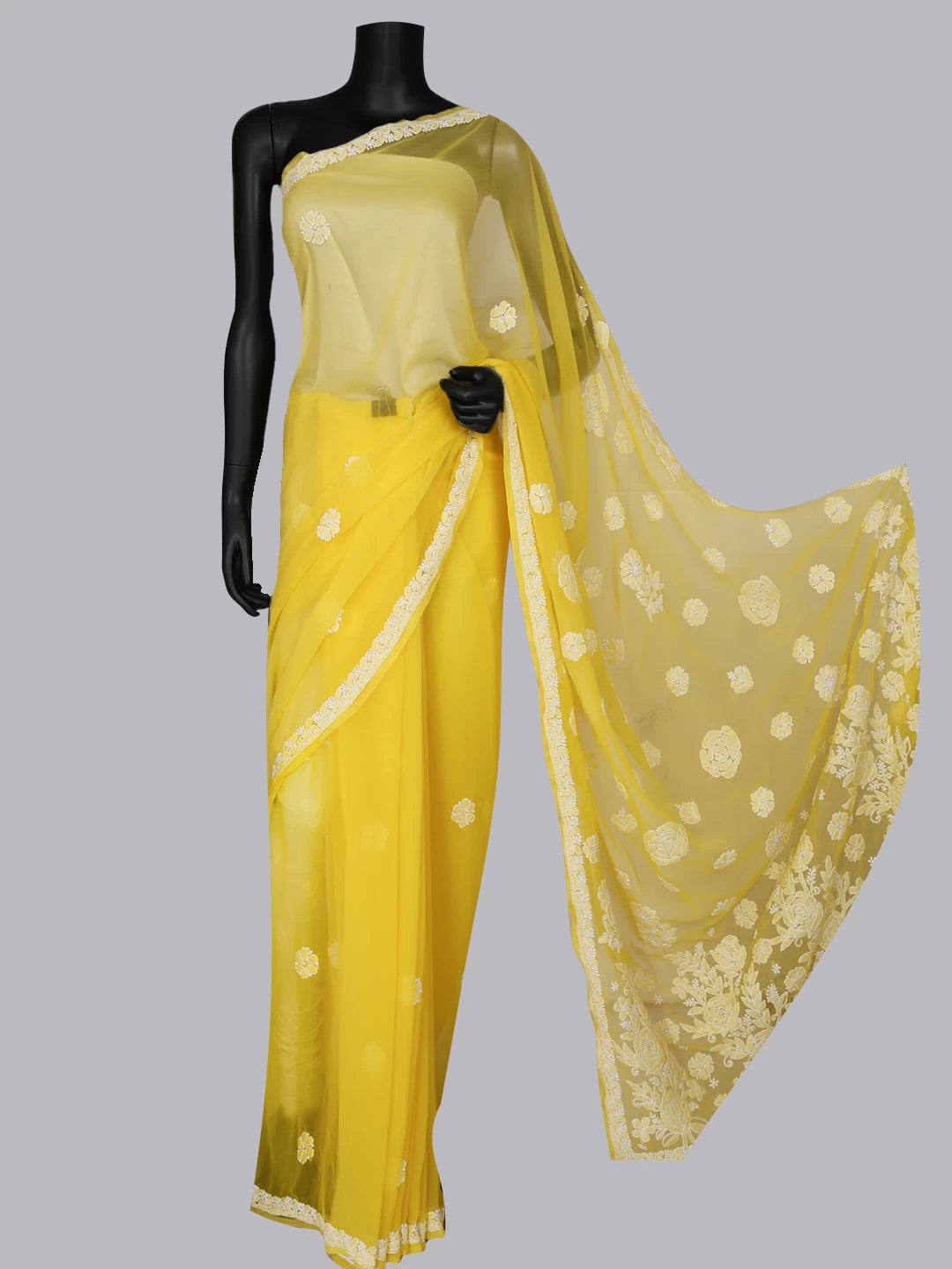 Ada Hand Embroidered Yellow Georgette Lucknowi Chikankari Saree With Blouse 01A464369