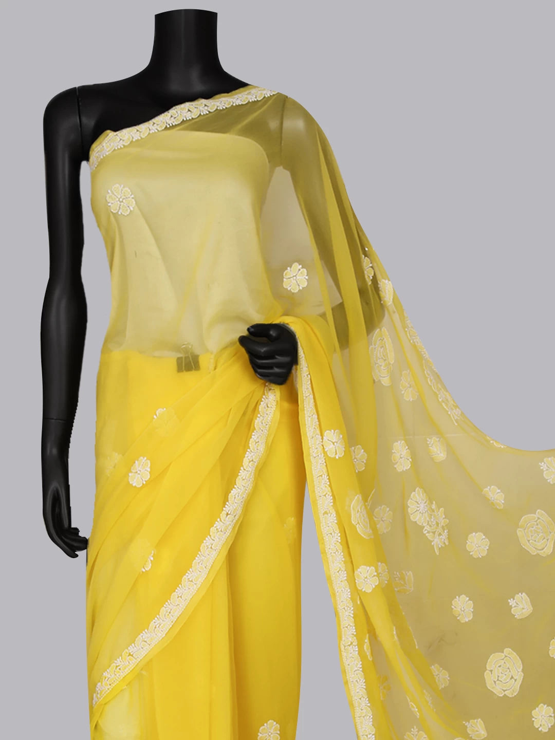 Ada Hand Embroidered Yellow Georgette Lucknowi Chikankari Saree With Blouse 01A464369