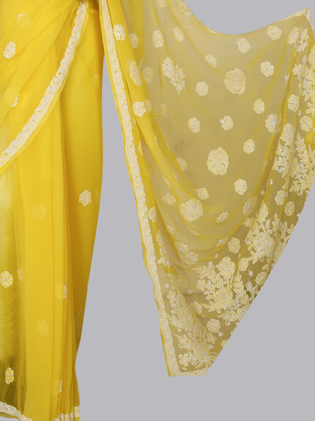 Ada Hand Embroidered Yellow Georgette Lucknowi Chikankari Saree With Blouse 01A464369