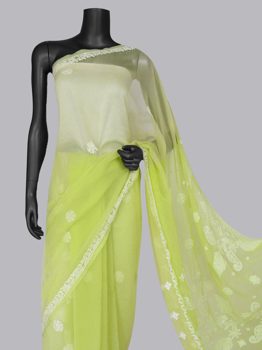 Ada Hand Embroidered Lime Green Georgette Lucknowi Chikankari Saree With Blouse 01A464373
