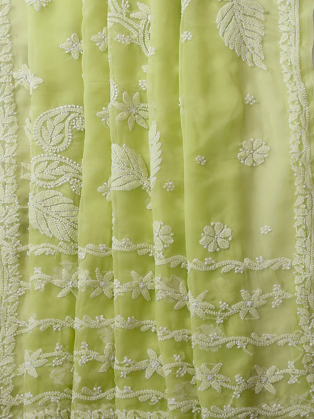 Ada Hand Embroidered Lime Green Georgette Lucknowi Chikankari Saree With Blouse 01A464373