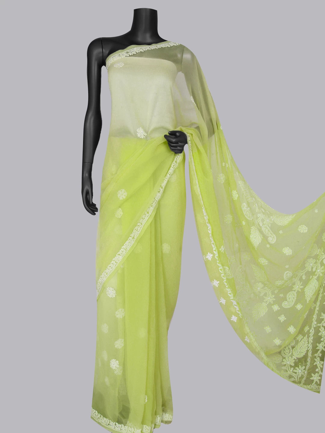 Ada Hand Embroidered Lime Green Georgette Lucknowi Chikankari Saree With Blouse 01A464373