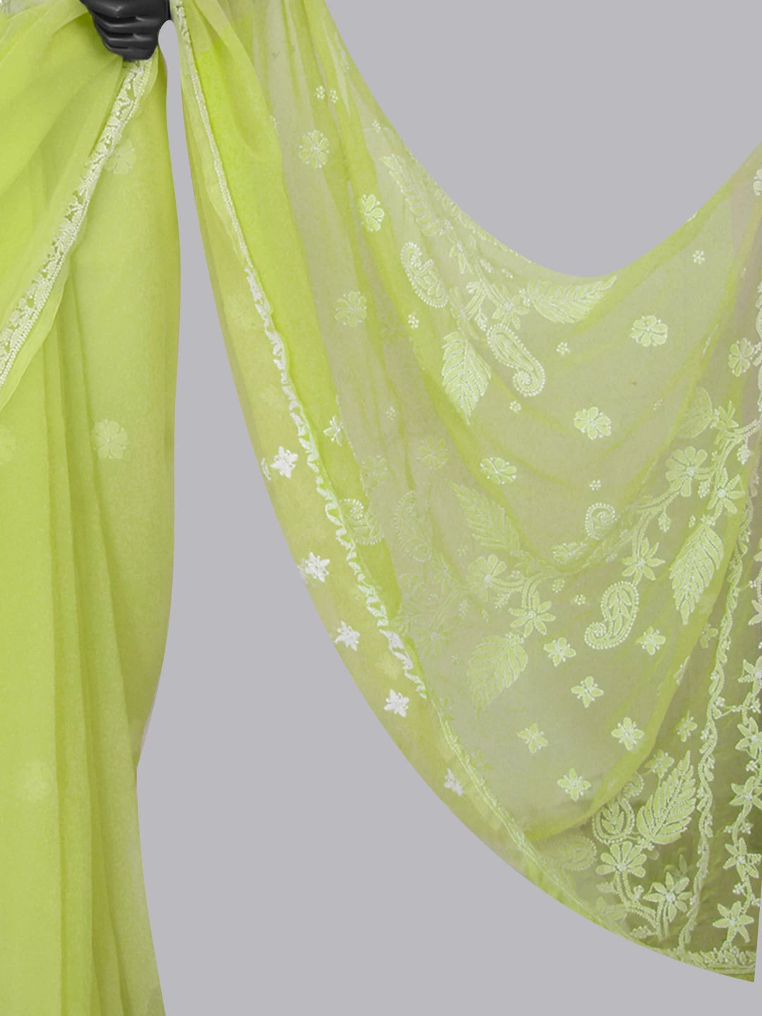 Ada Hand Embroidered Lime Green Georgette Lucknowi Chikankari Saree With Blouse 01A464373
