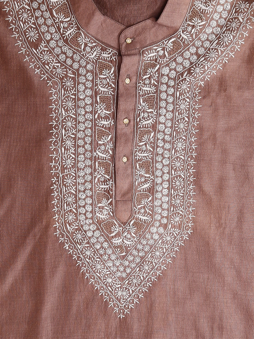 Ada Hand Embroidered Dusty Peach Chanderi Lucknowi Chikankari Semi Stitched Men's Kurta Piece 01A392306