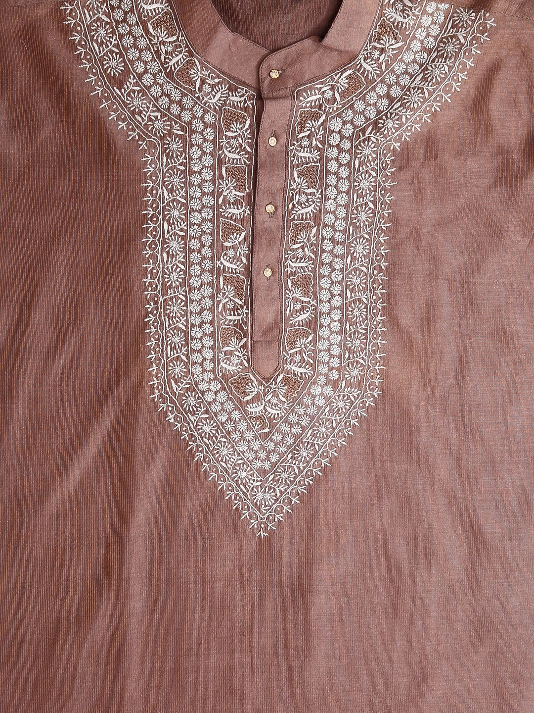 Ada Hand Embroidered Dusty Peach Chanderi Lucknowi Chikankari Semi Stitched Men's Kurta Piece 01A392306