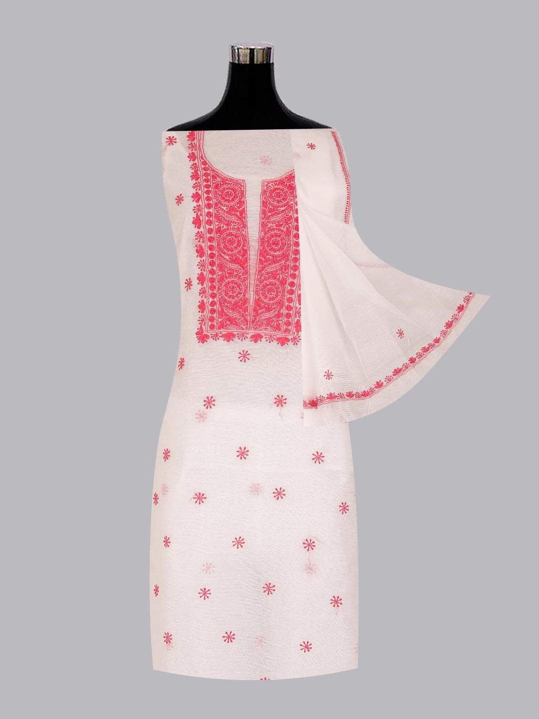 Ada Hand Embroidered Off White Super Net Lucknowi Chikankari Unstitched Kurta Dupatta Set 01A466470