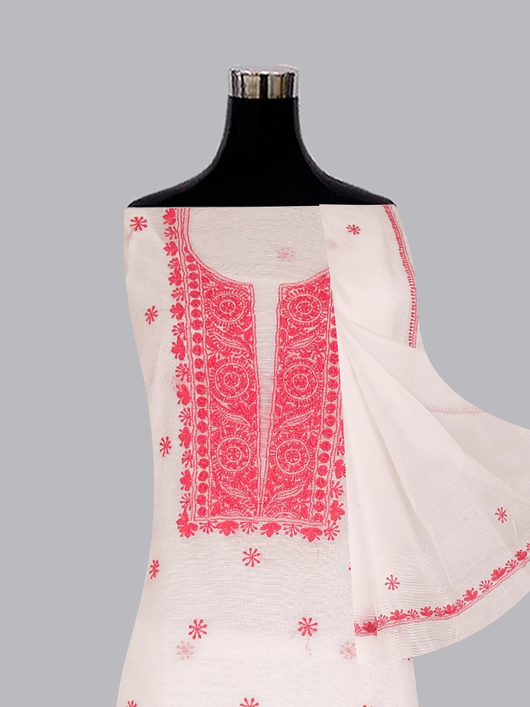Ada Hand Embroidered Off White Super Net Lucknowi Chikankari Unstitched Kurta Dupatta Set 01A466470