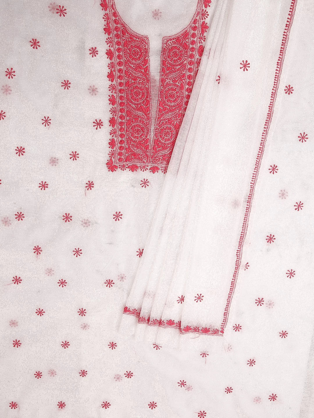 Ada Hand Embroidered Off White Super Net Lucknowi Chikankari Unstitched Kurta Dupatta Set 01A466470